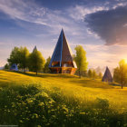 Contemporary triangular houses on lush hillside with sunlight, skies, and trees