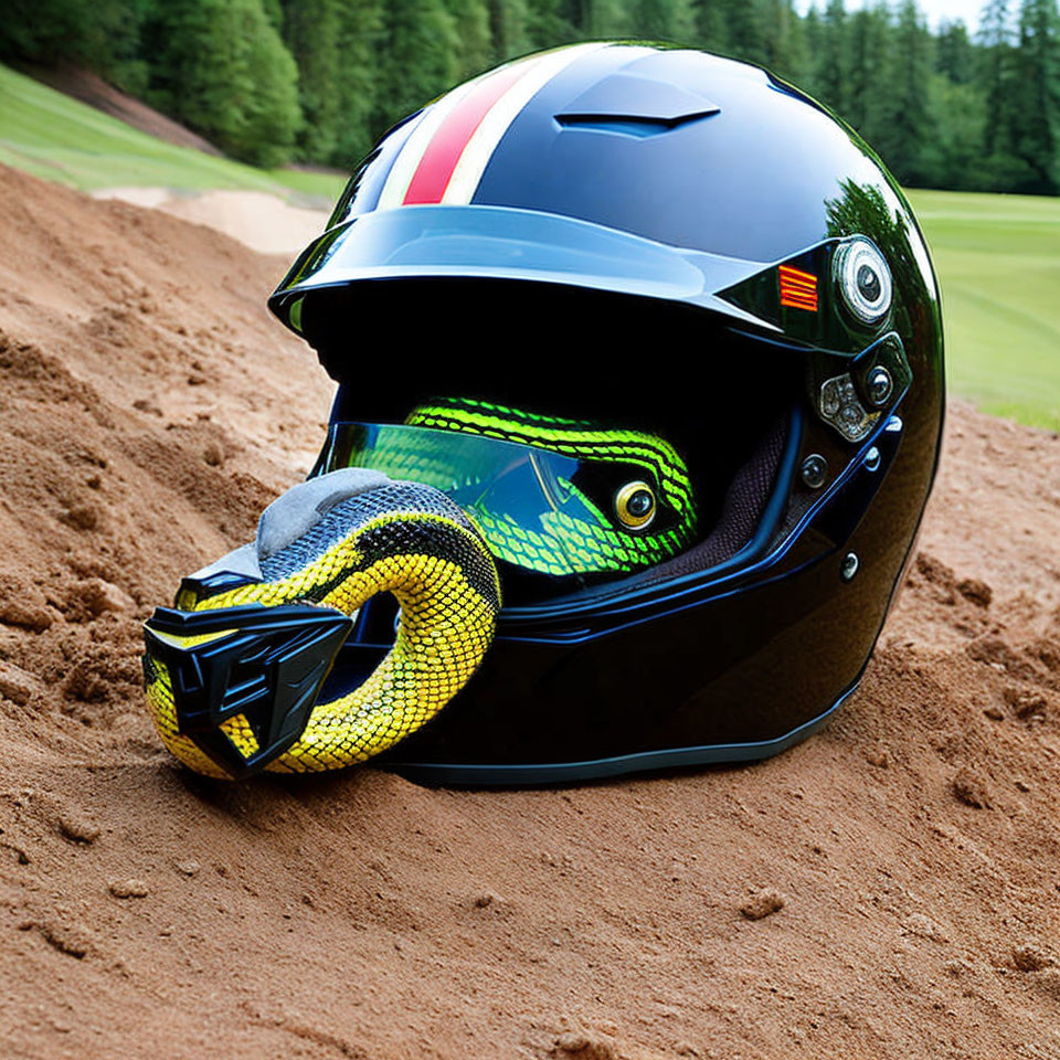 Colorful Snake Peering Out of Motorbike Helmet on Ground
