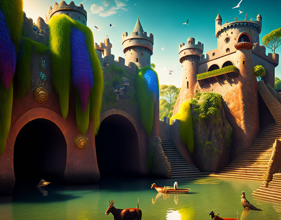 Vibrant castles, majestic stairways, serene lake, and clear sky in fantastical valley