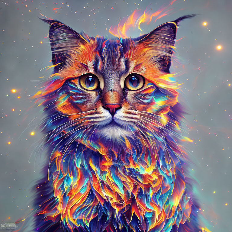 Colorful Digital Art: Cat with Rainbow Fur and Blue Eyes in Starry Scene
