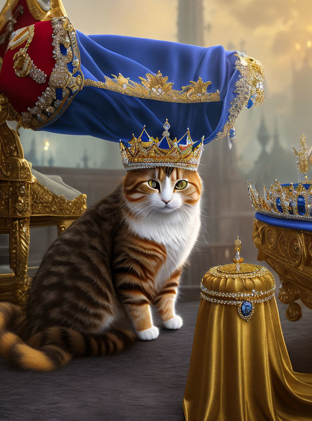 Regal striped cat with golden crown among royal pillows and crowns