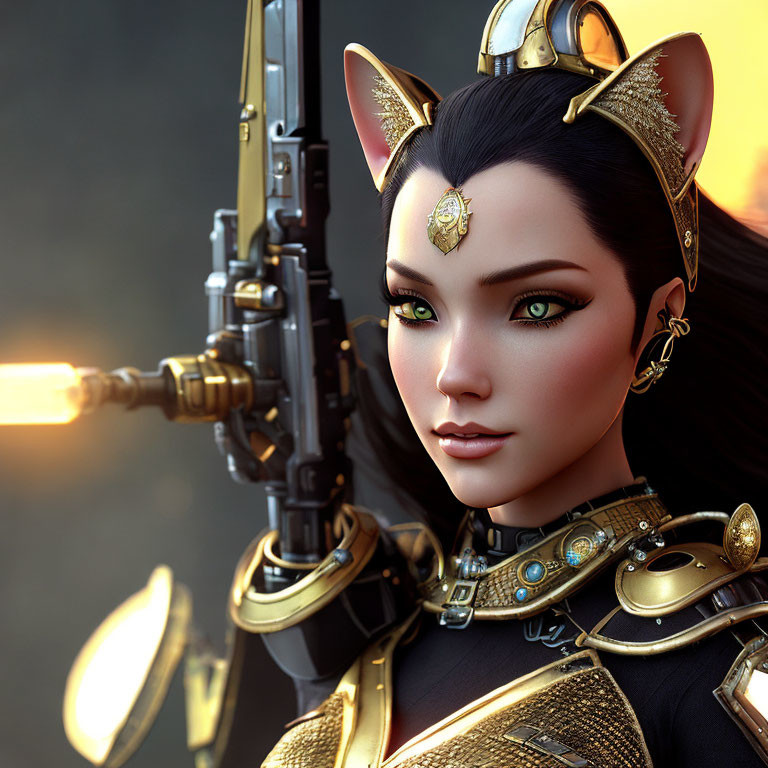 Futuristic female character with cat-like features in 3D rendering