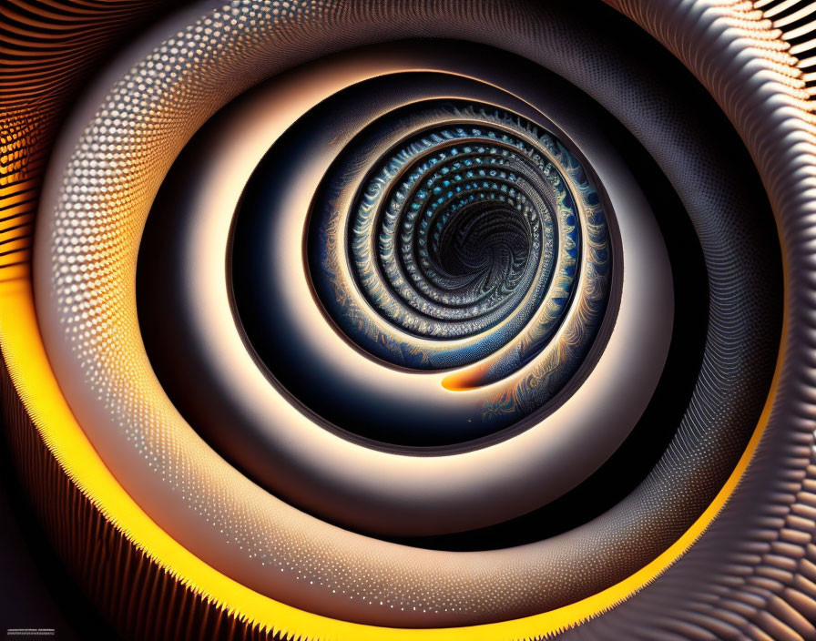 Digital fractal image: Swirling vortex pattern in orange, brown, and blue