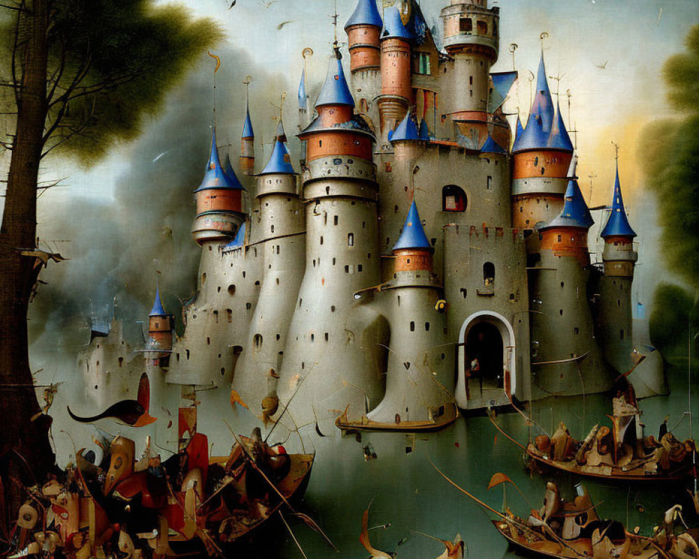 Medieval castle with blue roofs floating on water amidst sailing boats under dark sky
