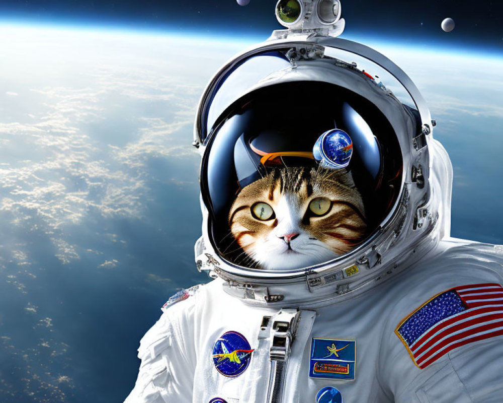 Cat's head on astronaut suit with Earth and space backdrop