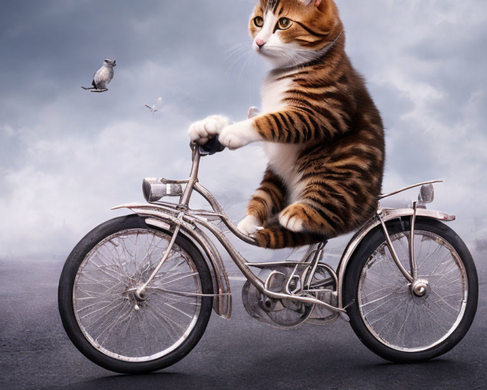 Tabby Cat on Vintage Bicycle with Seagulls on Cloudy Road