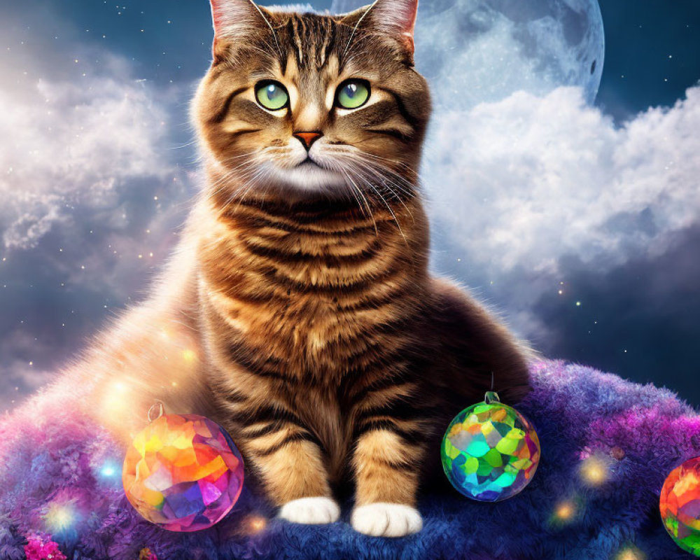 Tabby cat on colorful cloud with disco balls and flowers under full moon