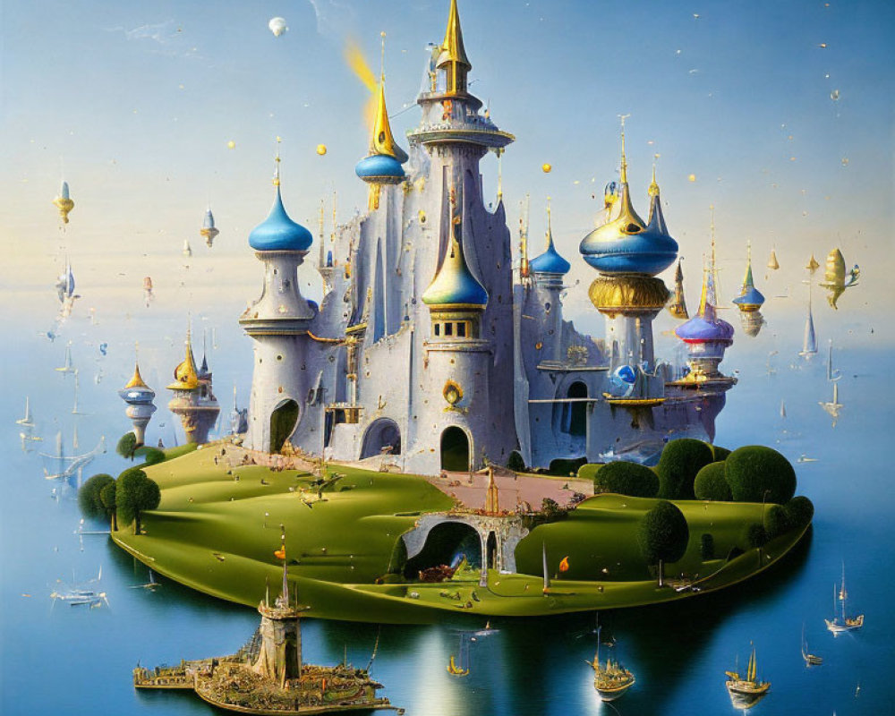 Fantastical castle on floating island with airships and boats in serene sky