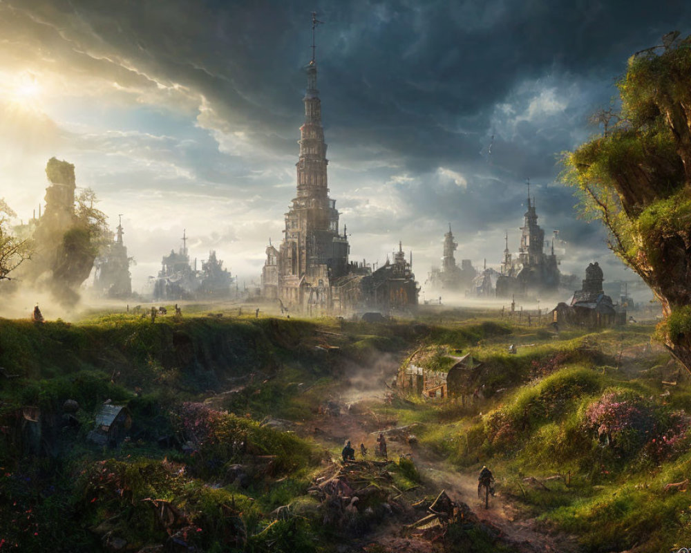 Majestic fantasy landscape with towering spires, ruins, dramatic clouds, overgrown flora, and