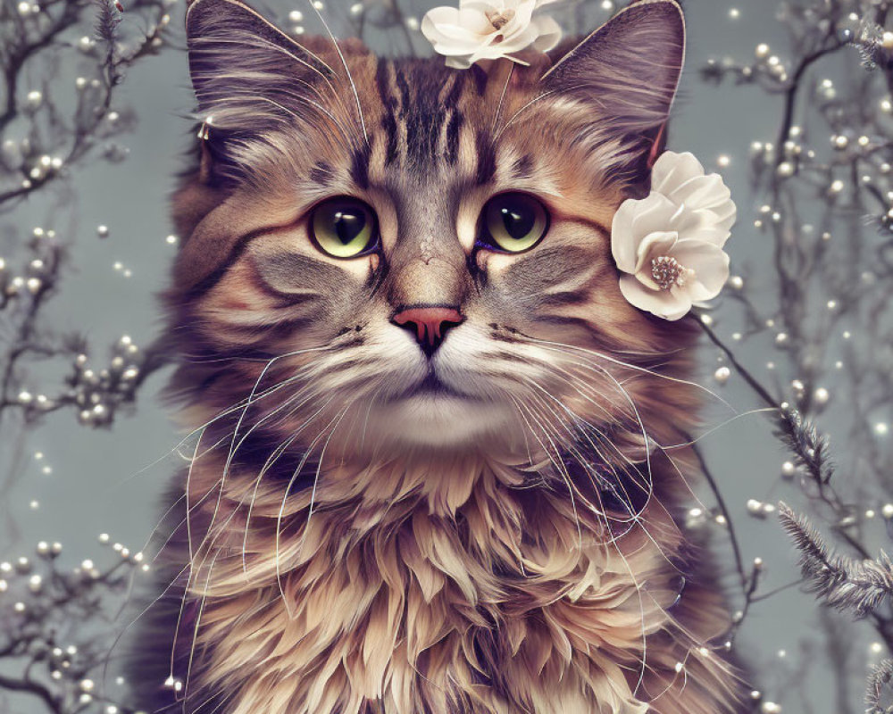 Fluffy tabby cat with green eyes and white flowers in a blossoming setting