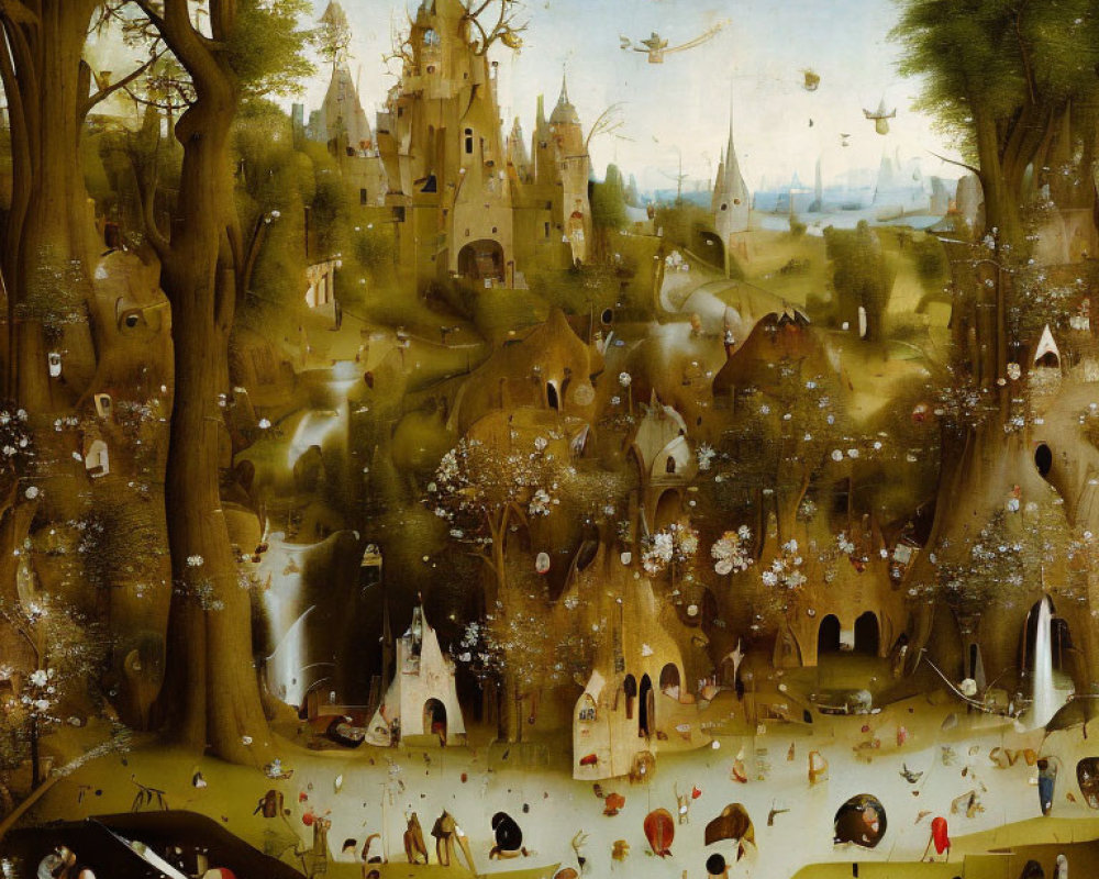 Renaissance-style painting of fantastical landscape with human activities, castles, and creatures