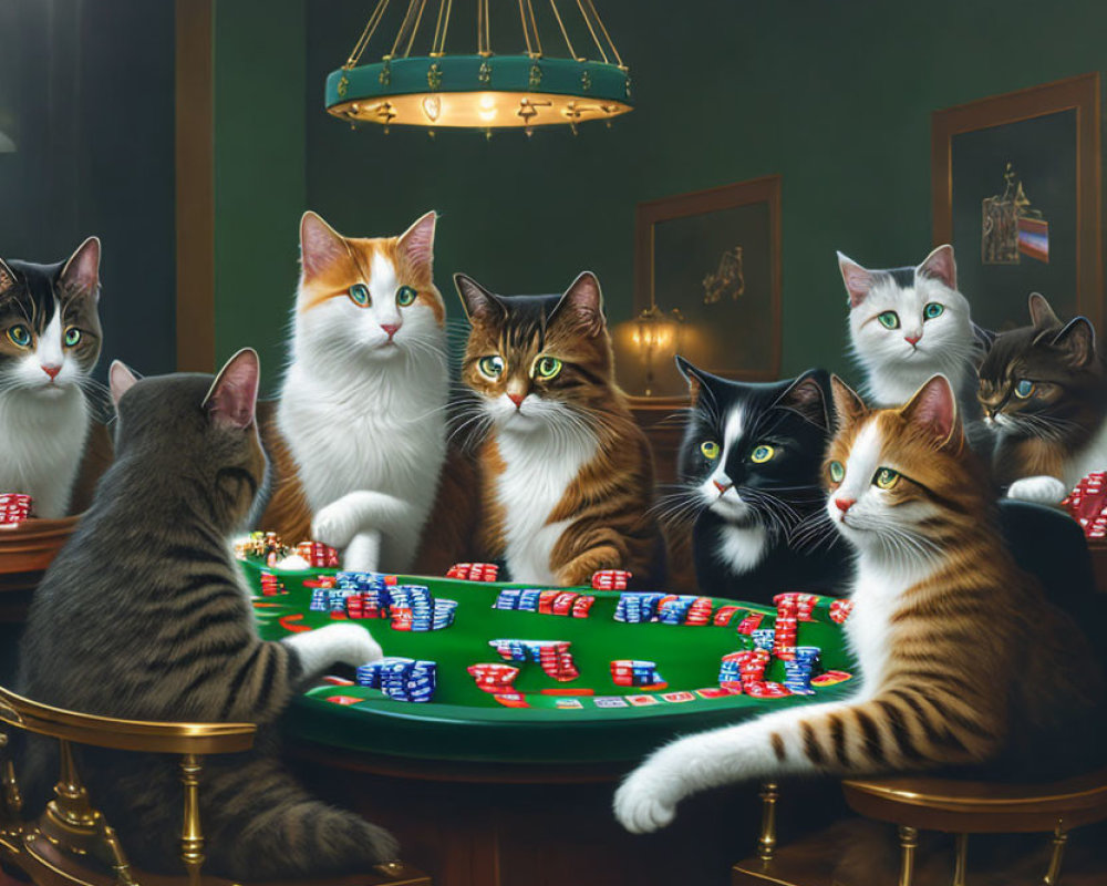 Seven Cats with Human-Like Expressions at Poker Table with Chips and Cards