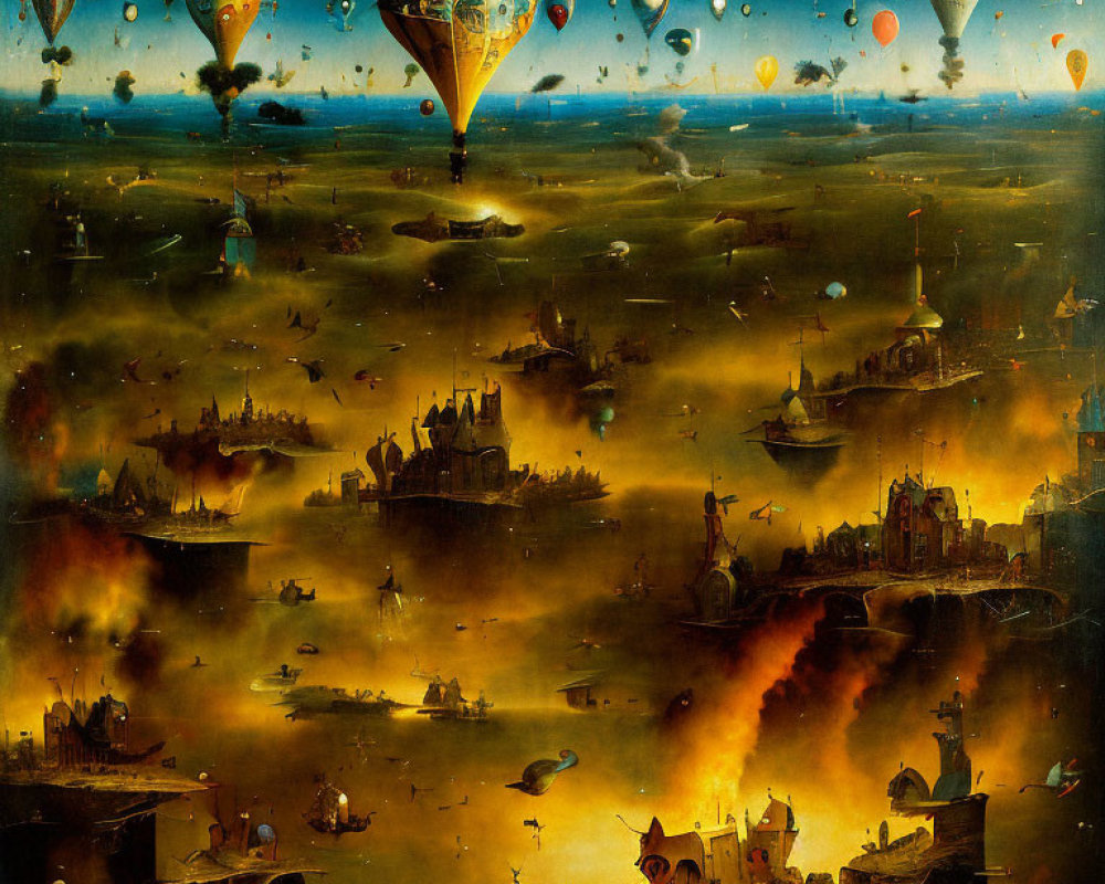 Fantasy landscape featuring airships, balloons, cities, castles, and rivers