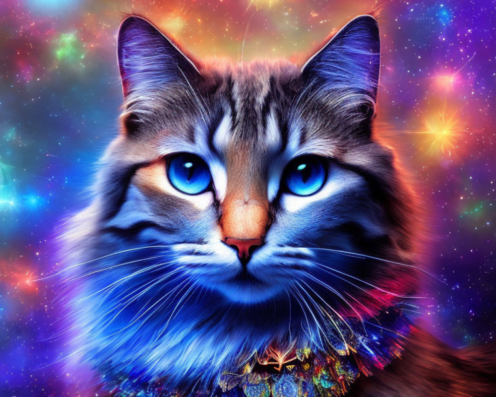 Close-Up Cat with Striking Blue Eyes Against Colorful Cosmic Background