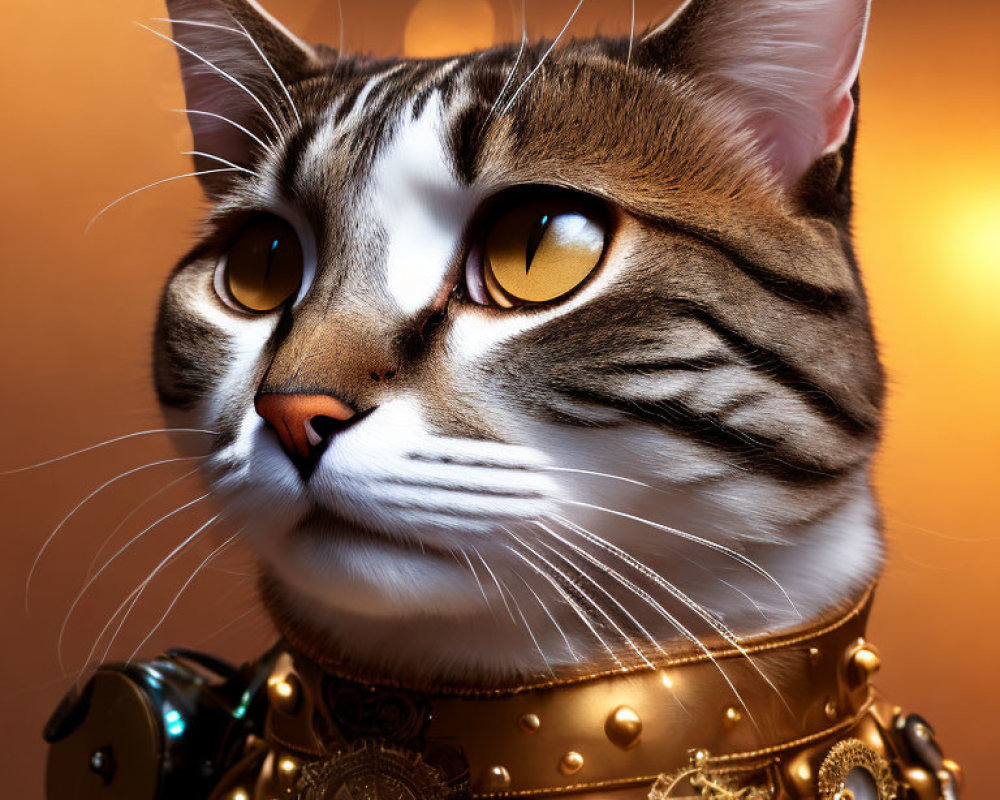Majestic cat with amber eyes in steampunk collar on warm backdrop