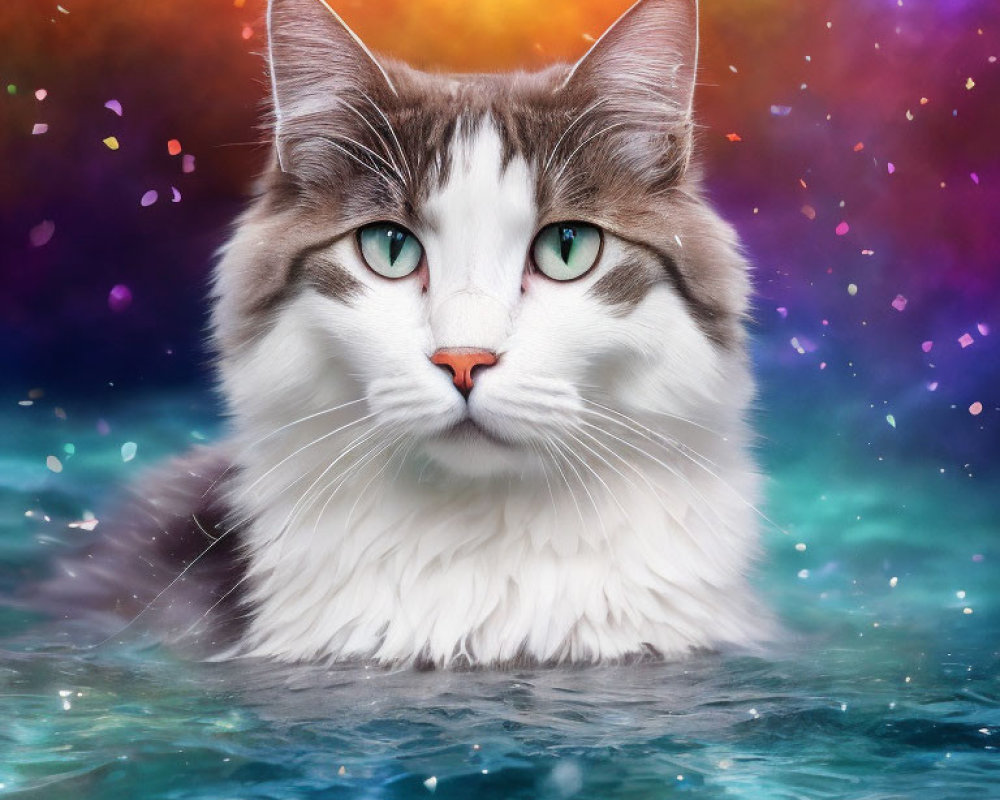 Majestic green-eyed cat on colorful backdrop with lights
