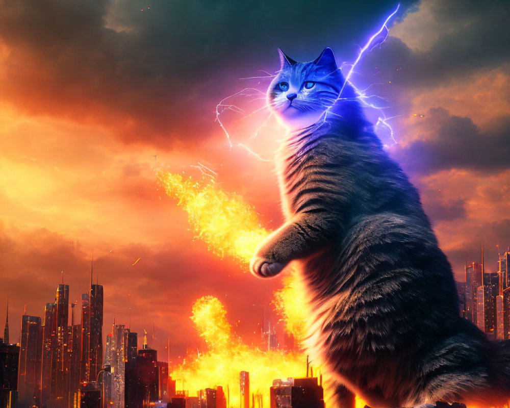 Enormous cat amidst burning cityscape under lightning storm