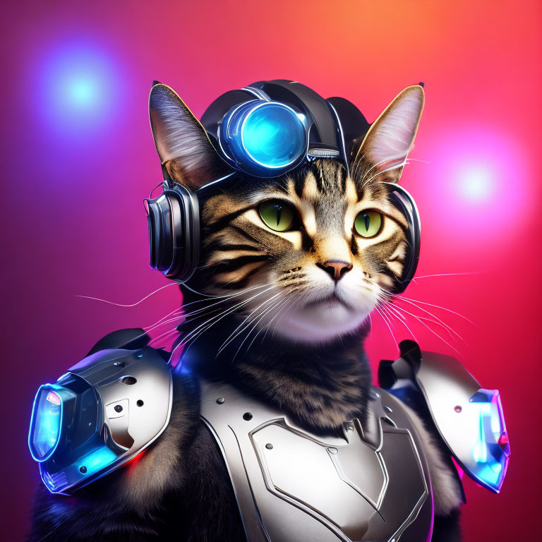 Tabby cat digital art in futuristic helmet and armor on vibrant backdrop