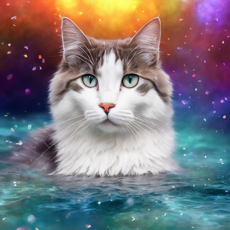 Majestic green-eyed cat on colorful backdrop with lights