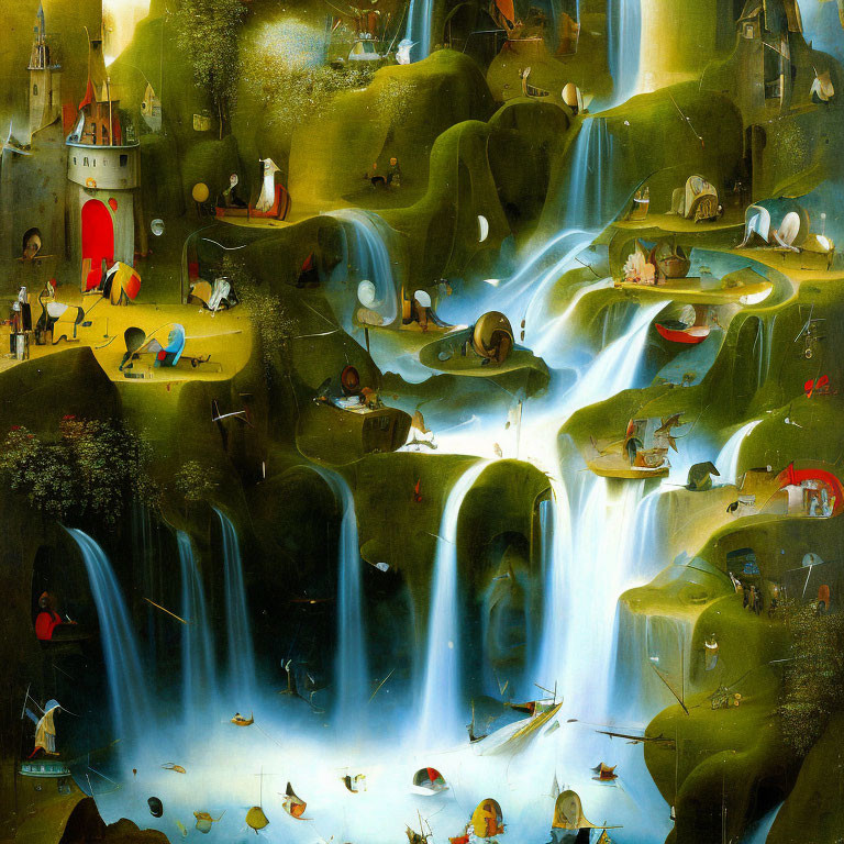 Fantastical surreal landscape with cascading waterfalls and tiny human figures