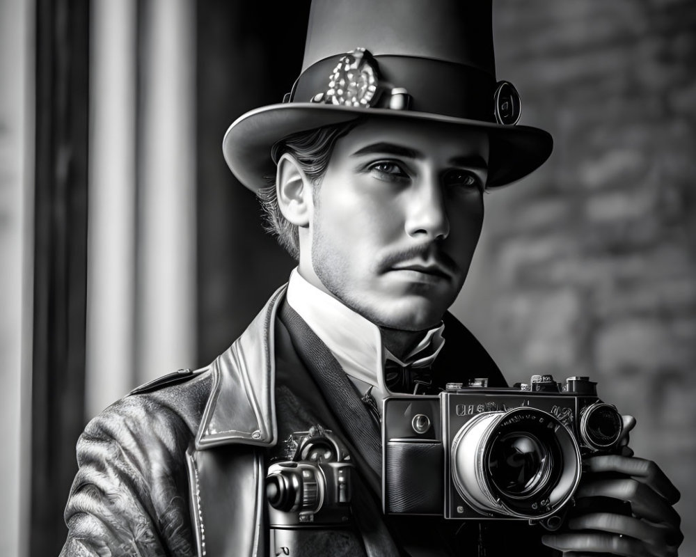Monochrome image of stylish man with vintage camera and detective vibe