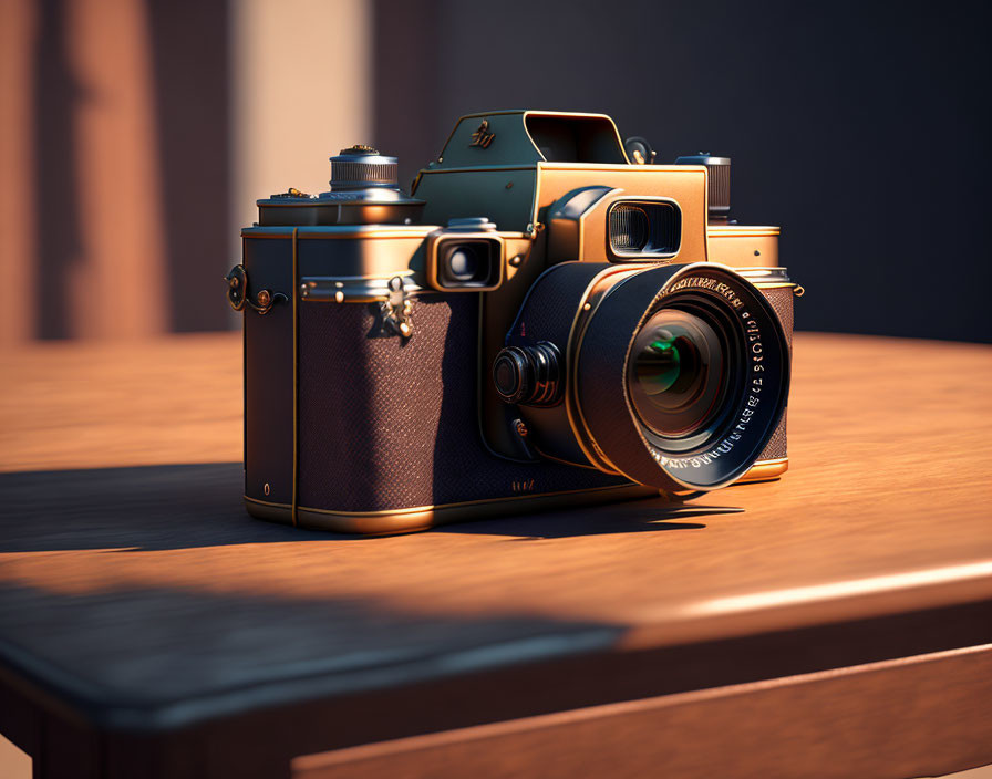 Vintage-Style Camera with Brown Leather Casing and Golden Accents on Wooden Surface