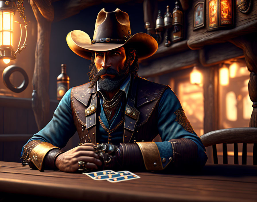 3D-rendered cowboy with hat and beard playing cards in saloon setting