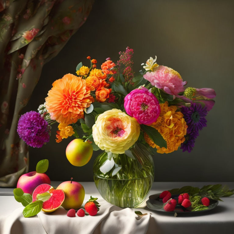 Assorted Flowers and Fresh Fruit Display on Table