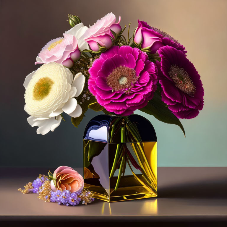 Pink Roses and White-Purple Blooms in Gold Vase on Tri-tone Background