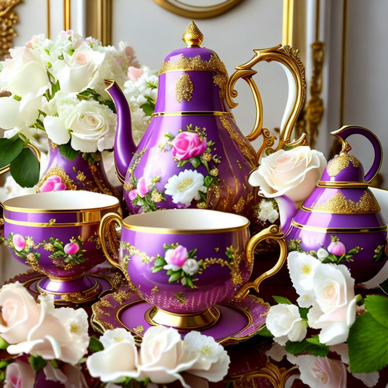 Purple and Gold Porcelain Tea Set with Floral Patterns and White Roses