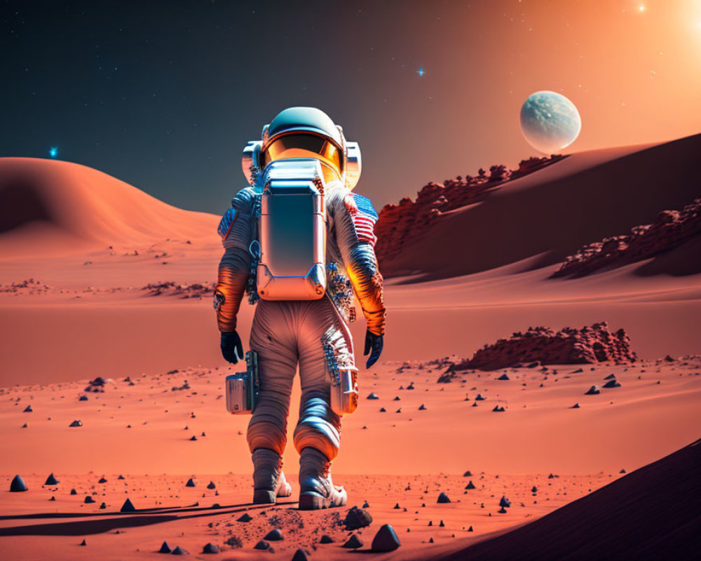 Astronaut in space suit on red sandy planet with rolling dunes under starry sky