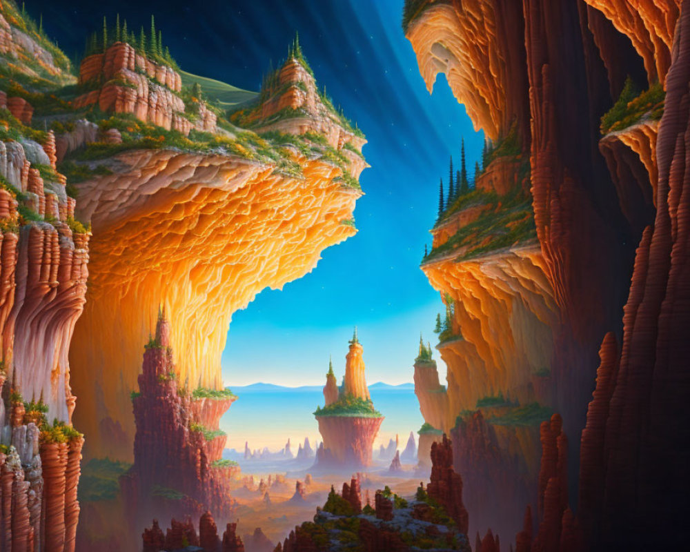 Fantastical landscape with towering cliffs and floating islands