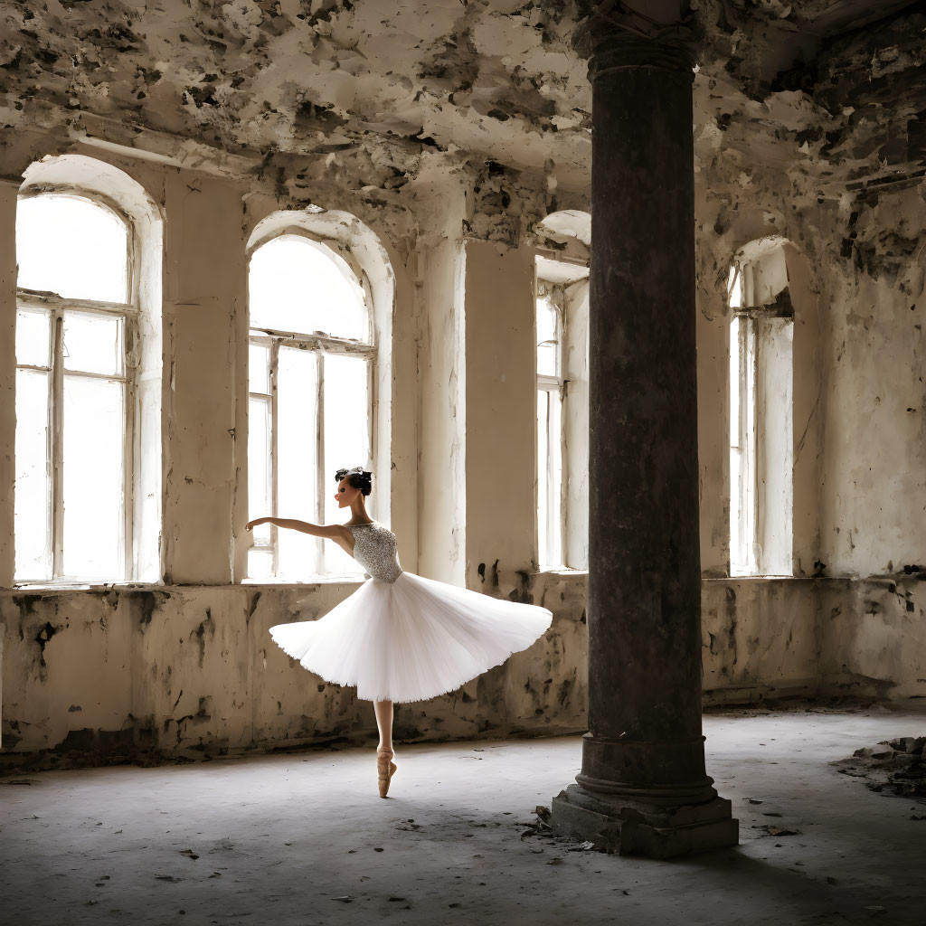 Ballerina en pointe in abandoned room with sunlight and decay