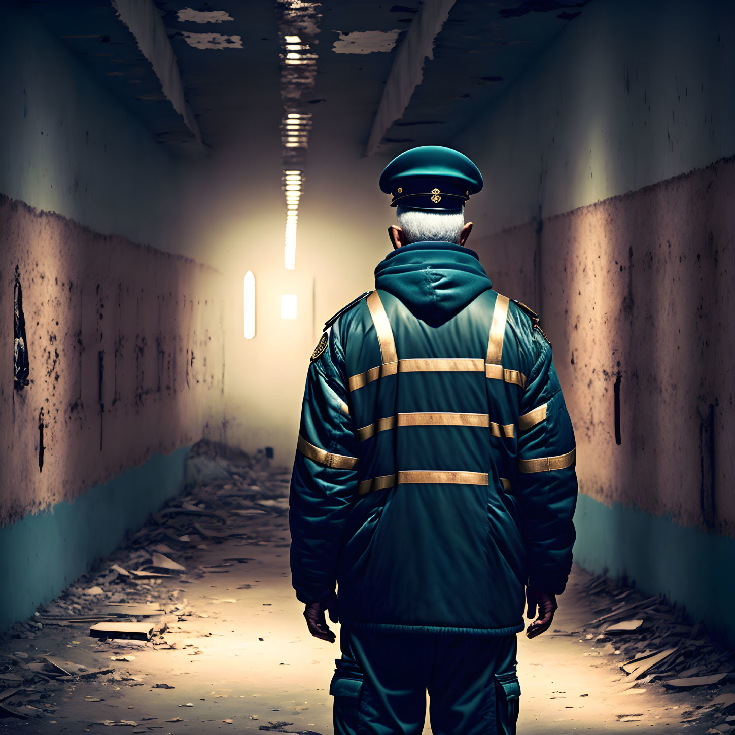 Security guard in reflective jacket in derelict hallway with debris and light source.