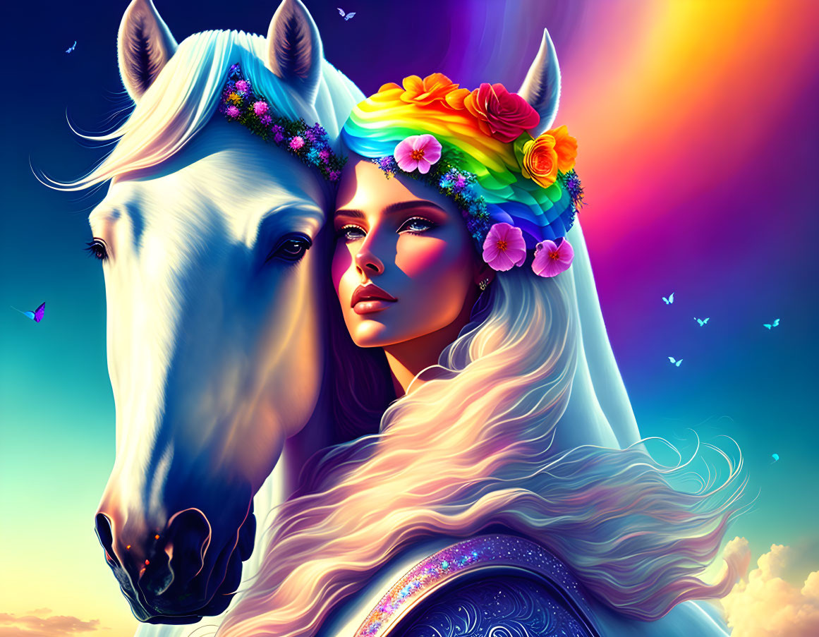 Digital artwork of woman with floral headwear & white horse under vibrant sunset sky.