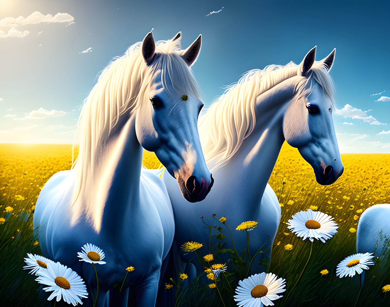 Two White Horses in Vibrant Yellow Flower Field