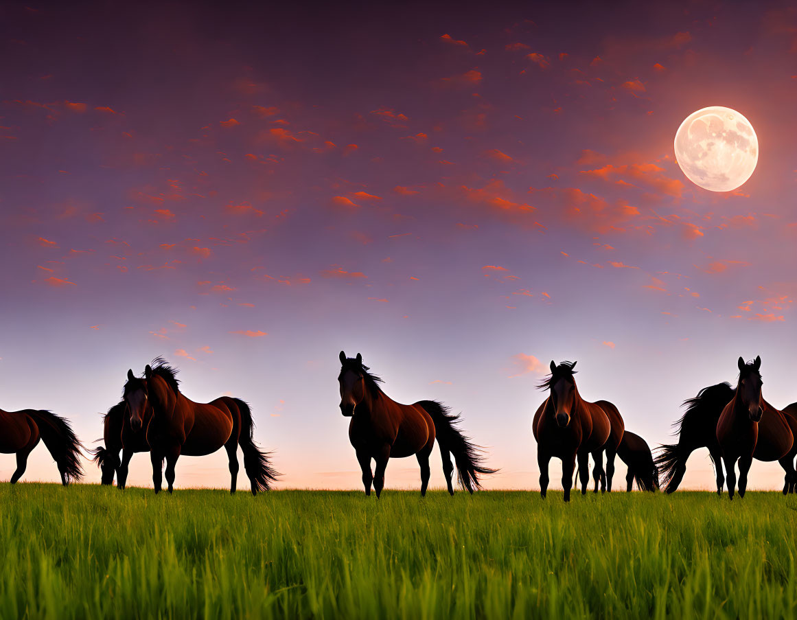 Herd of horses grazing under full moon in twilight
