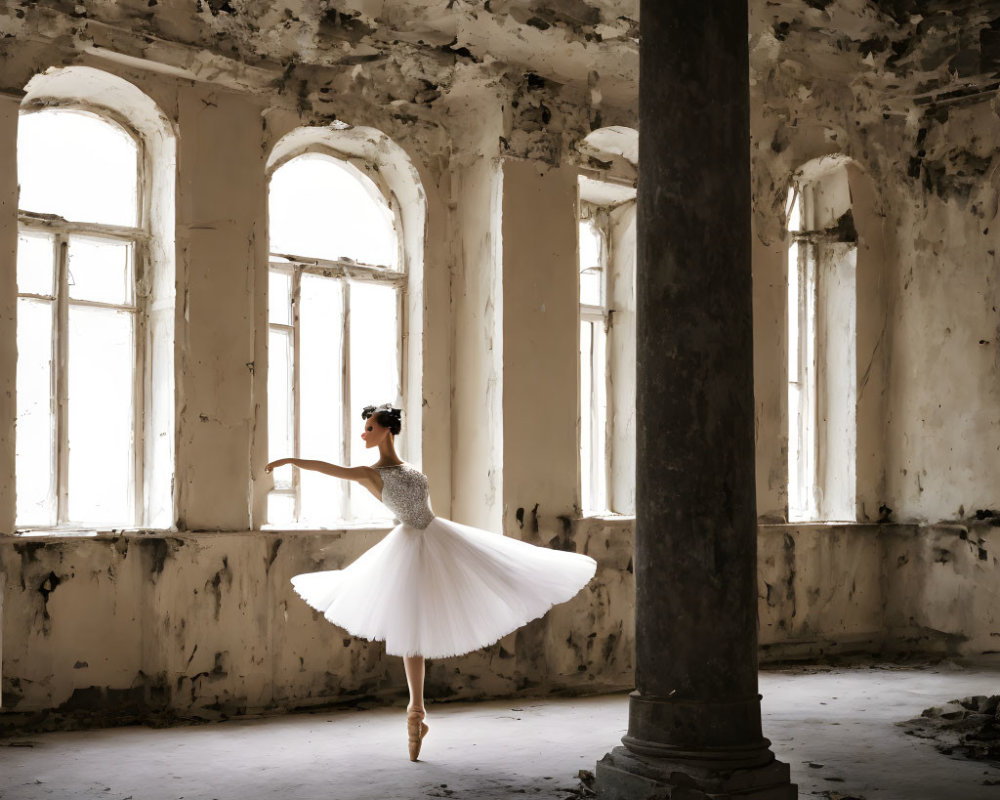 Ballerina en pointe in abandoned room with sunlight and decay
