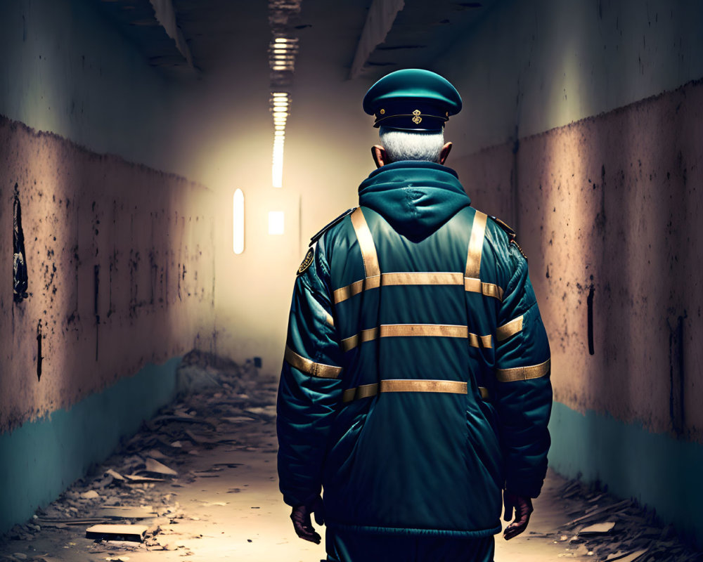 Security guard in reflective jacket in derelict hallway with debris and light source.