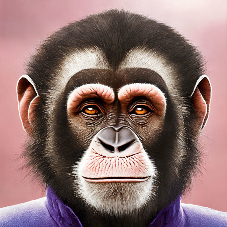 Detailed illustration of chimpanzee with expressive eyes and pink face wearing purple collar.