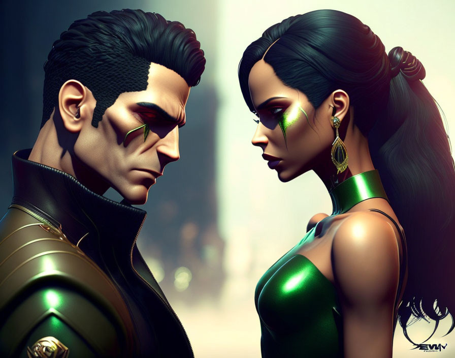 Stylized characters with sharp features in futuristic costumes