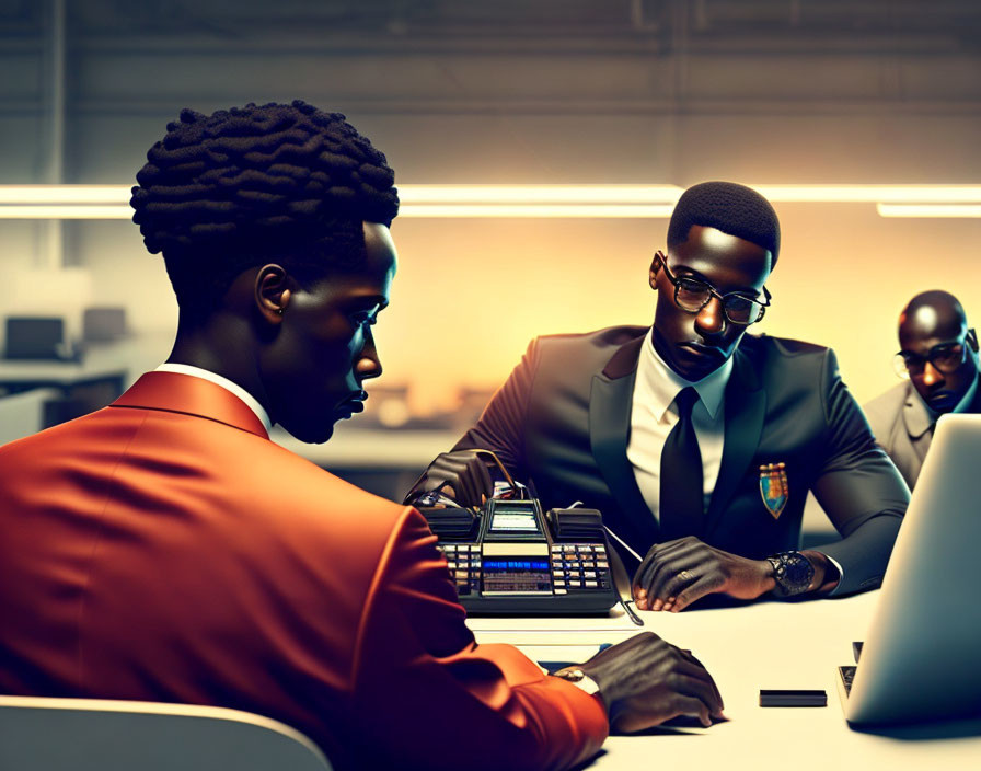 Professional men in suits using futuristic gadgets in modern office setting