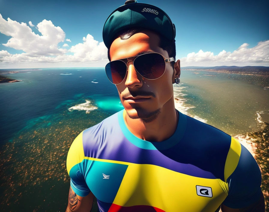 Stylized digital image: man with sunglasses and cap, coastal landscape with vivid blue waters