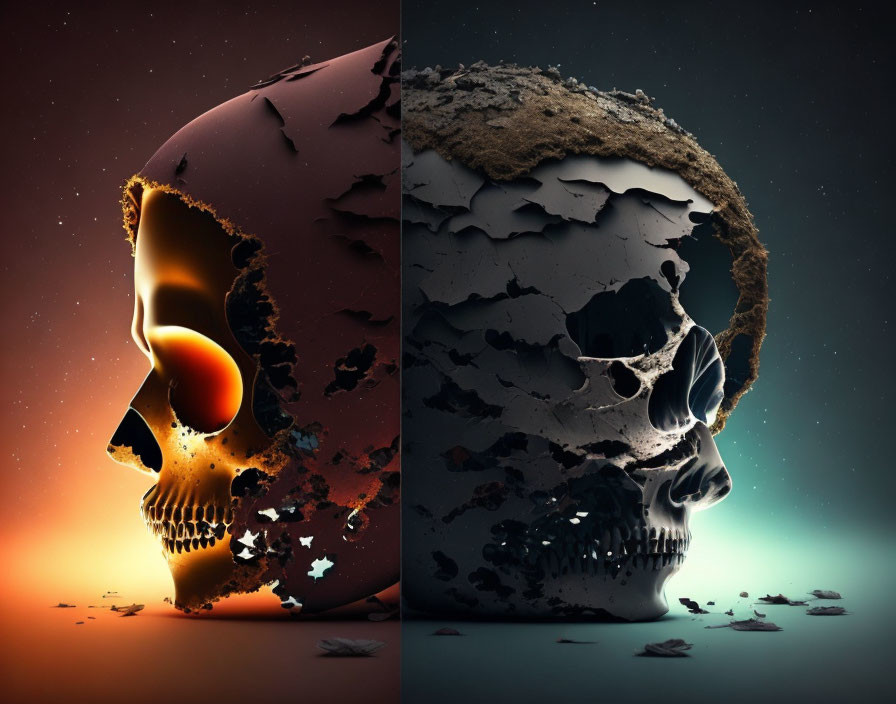 Celestial-themed skull artworks with starry textures on colorful backdrop