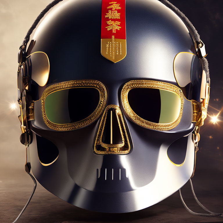 Stylized glossy helmet with golden accents on warm backdrop