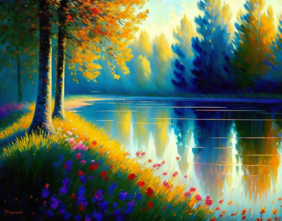 Serene lake painting with autumn trees and colorful flowers