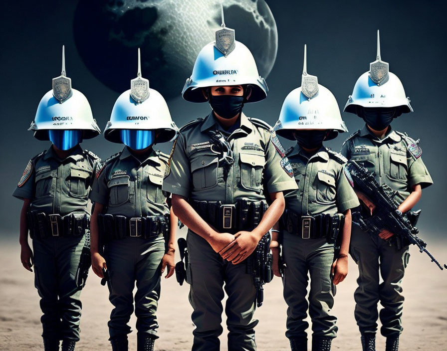 Futuristic police officers with digital ID helmets, standing on Earth background