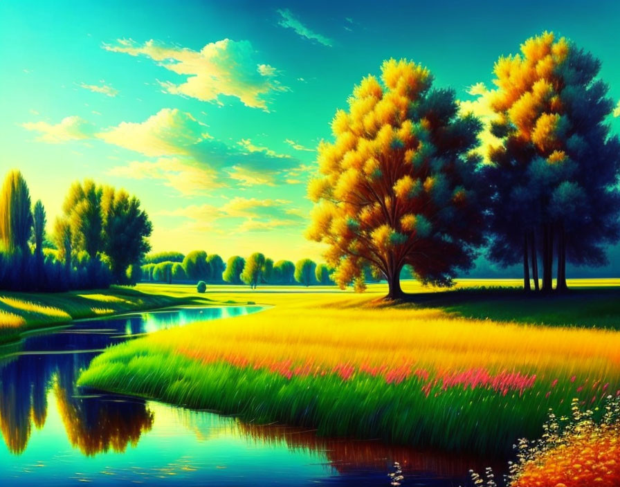 Vibrant landscape painting with golden trees by a river