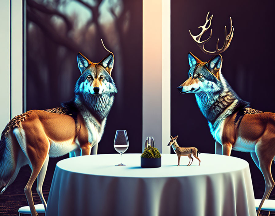 Elegant anthropomorphic wolves at dinner table with modern decor