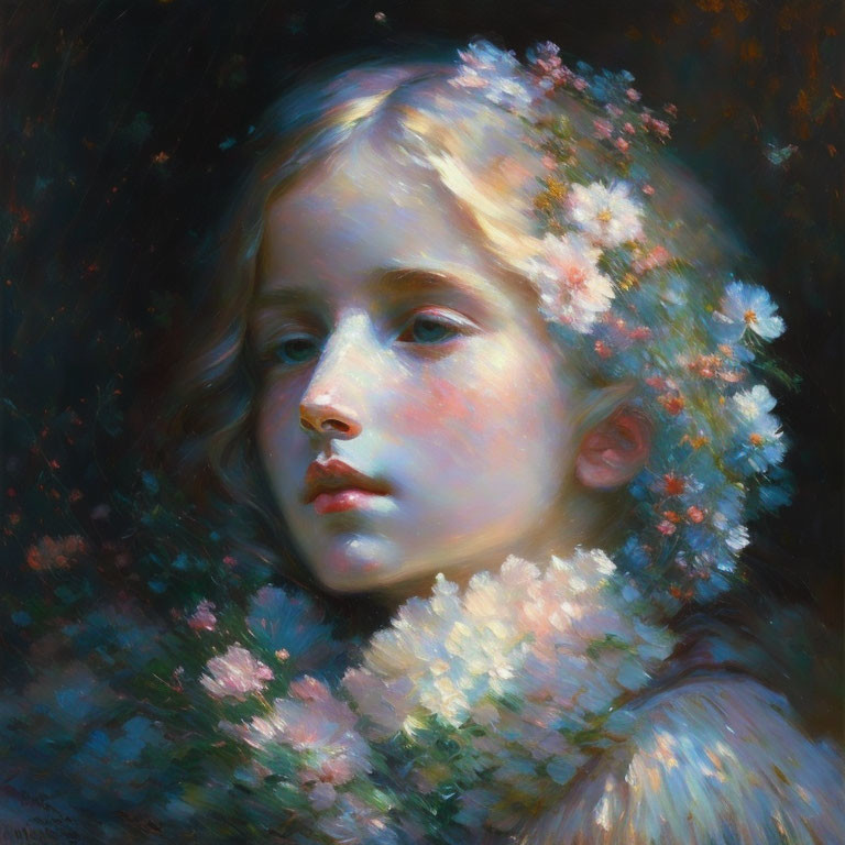 Young girl portrait with serene expression and flower-adorned hair in oil painting.